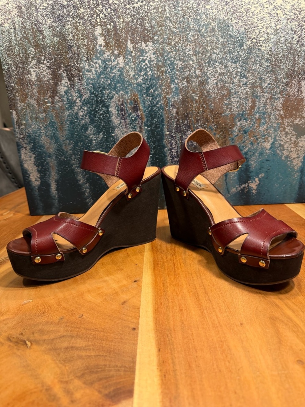 Steve Madden mid 2010s boho leather platform wedge sandals burgundy 9 FAIR - Picture 7 of 16